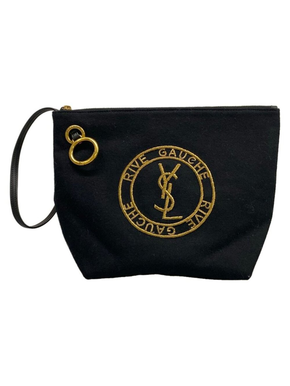 Saint Laurent Paris Pouch Embroidered Black Gold Wool Leather